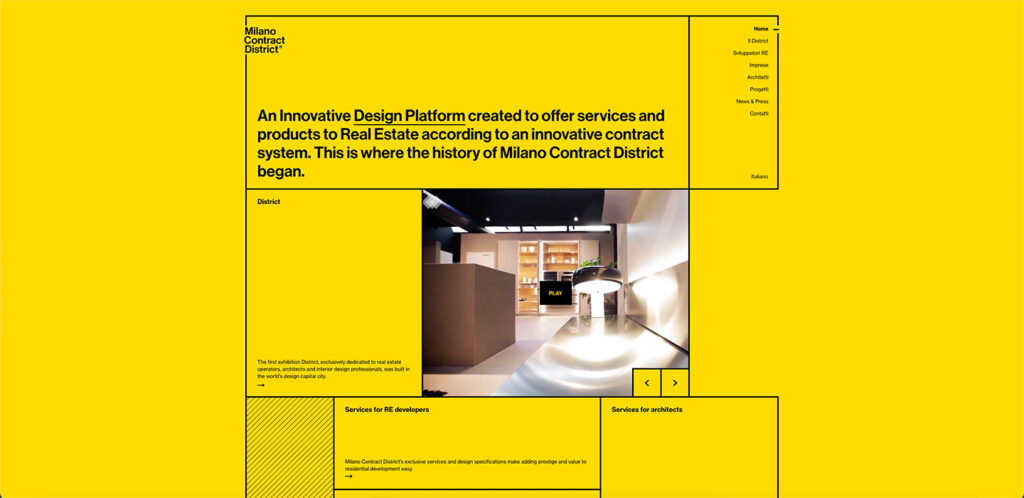 イタリア・ミラノの設計、建設、内装、インテリアデザインまで幅広く手掛ける、建設系会社Milano Contract Districtのウェブサイト。